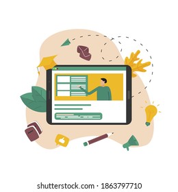 Schüler online Unterricht mit Tablette von zu Hause. Online-Bildungskonzept
