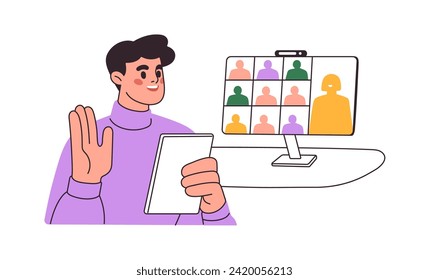 Student at online class. Man at computer, video conference call, virtual lesson, remote lecture, webinar. Internet education concept. Flat graphic vector illustration isolated on white background.