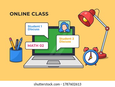 Student Online Class Starter Pack Desk Setup For Modern Education Digital Schooling Vector Illustration. Laptop Full Of Chat Discussion With Office Tools And Sitting Lamp And Clock Outline Flat Design