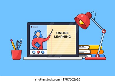 Student Online Class Starter Pack Desk Setup For Modern Education Digital Schooling Vector Illustration. Teacher Live On Screen Laptop With Office Tools And Sitting Lamp Outline Flat Design