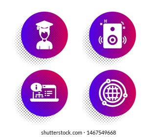 Student, Online documentation and Speakers icons simple set. Halftone dots button. Globe sign. Graduation cap, Web engineering, Sound. Internet world. Education set. Classic flat student icon. Vector