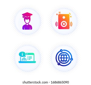 Student, Online documentation and Speakers icons simple set. Button with halftone dots. Globe sign. Graduation cap, Web engineering, Sound. Internet world. Education set. Vector