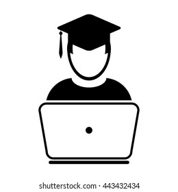 Student online education icon vector with laptop computer male user person profile avatar symbol with mortar board for school, college and university degree in flat color glyph pictogram illustration
