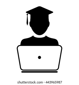 Student online education icon vector with laptop computer male user person profile avatar symbol with mortar board for school, college and university degree  in a glyph pictogram illustration 