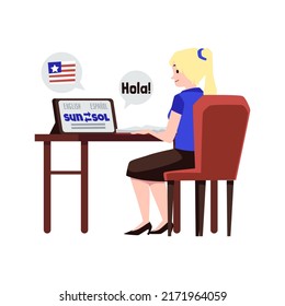 Student of online language school or courses. Woman watching a lesson or online training on foreign language, flat vector illustration isolated on white background.