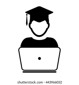 Student Online learning icon with laptop computer male user person profile avatar symbol with mortar board for school, college and university education in a glyph pictogram illustration