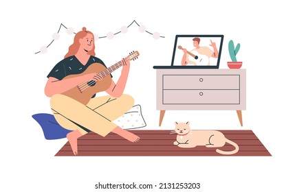 Student at online music lesson via internet at home. Woman learning to play acoustic guitar at virtual course, remote class with musician teacher. Flat vector illustration isolated on white background