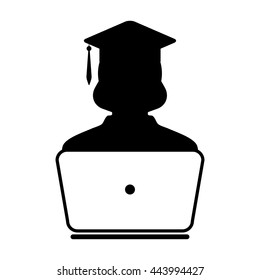 Student Online study icon with laptop computer female user person profile avatar symbol with mortar board for school, college and university education in a flat color glyph pictogram illustration