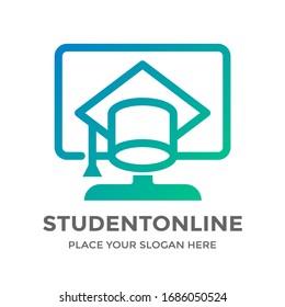 Student online vector logo template. This design use computer and hat symbol.