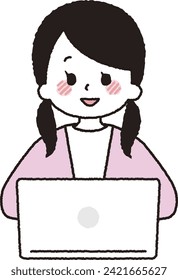 A student operating a computer. A girl  studying in an online class.