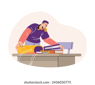 A student organizes study materials at a desk with a laptop. Vector illustration depicts preparation and organization in academic work