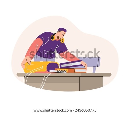 A student organizes study materials at a desk with a laptop. Vector illustration depicts preparation and organization in academic work
