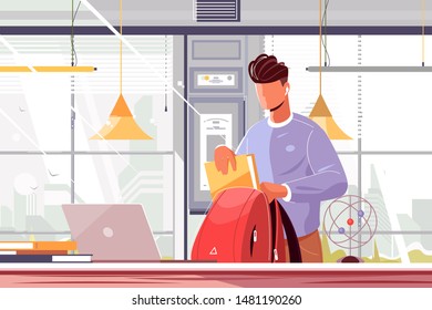 Student Packing Backpack Vector Illustration. Young Guy In Casual Clothes Putting Books And Copy-books In School Bag Flat Style Design. Back To School Concept