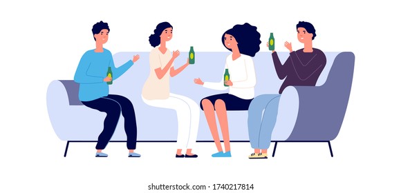 Student party. Friday evening, flat people with beer on couch. Friends meeting, flat man woman spend free time together vector illustration