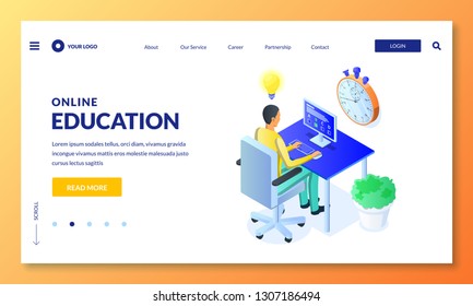Student pass online computer quiz, exam, test. Vector isometric illustration. Online learning and distance education modern concept. Landing page or banner design template.
