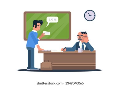 Student passing exam flat vector illustration. Teacher cartoon character waiting for pupil answer. Teenager holding paper with tasks isolated clipart. People in university, school classroom