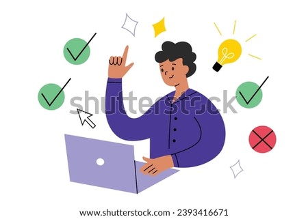 Student passing online exam, hand drawn composition with laptop, cartoon man or woman having an idea, choosing right answers in examination, vector illustration of test interface, online education, 