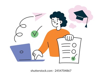 Student passing online test, apply to college composition, girl sending application form to university, exam composition, doodle icon of graduation hat, vector illustration of person working on laptop