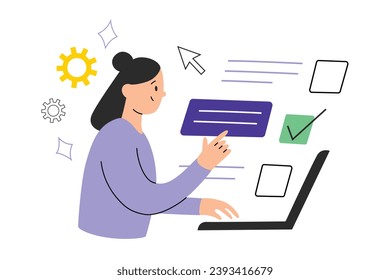 Student passing online test, choosing answer on laptop, hand drawn composition with cartoon female character, internet quiz vector illustration, examination interface, internet education concept