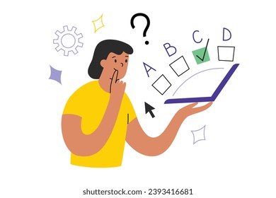 Estudiante aprobando prueba en línea, eligiendo respuesta en laptop, composición dibujada a mano con personaje femenino de dibujos animados, ilustración del vector del test, concepto de educación en internet, respondiendo preguntas en computadora