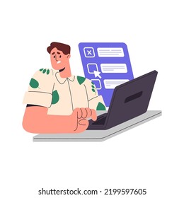 Student Passing Online Test At Laptop Computer. Uncertain Man Checking Wrong Incorrect Answer At Internet Exam. Remote Examination. Flat Graphic Vector Illustration Isolated On White Background