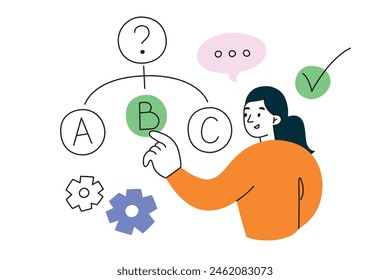 Student passing test, choosing right answer, girl during final exam, education composition, question doodle icon, vector illustration of studying, learning process, character in school, college