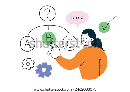 Student passing test, choosing right answer, girl during final exam, education composition, question doodle icon, vector illustration of studying, learning process, character in school, college