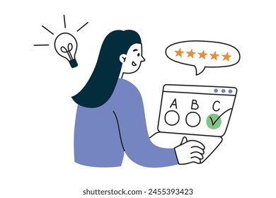 Student passing test on laptop, choosing answer on online exam, composition with flat character, vector illustration of distant education, taking poll, learning on internet course, study concept