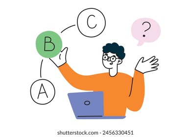Student passing test on laptop, choosing answer on online exam at college or university, composition with flat male character, vector illustration of internet questionnaire, learning on course