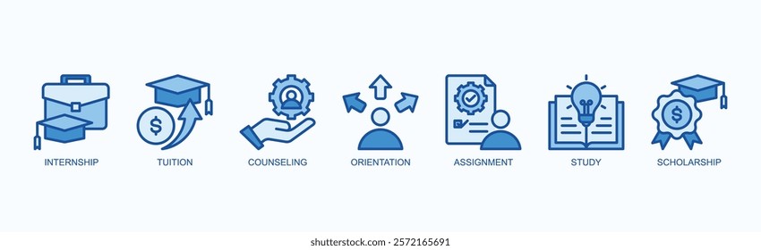 Student Pathway Icon Set Isolated Vector Illustration Concept With Icon Of Internship, Tuition, Counseling, Orientation, Assignment, Study, Scholarship In Blue Style