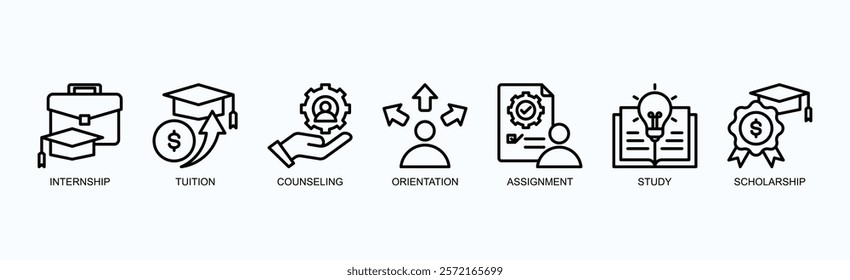 Student Pathway Icon Set Isolated Vector Illustration Concept With Icon Of Internship, Tuition, Counseling, Orientation, Assignment, Study, Scholarship In Outline Style