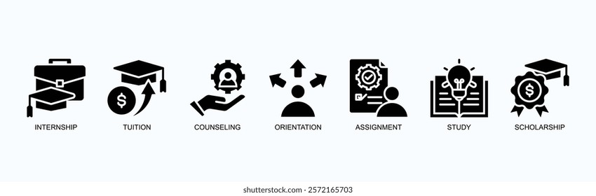 Student Pathway Icon Set Isolated Vector Illustration Concept With Icon Of Internship, Tuition, Counseling, Orientation, Assignment, Study, Scholarship In Glyph Style