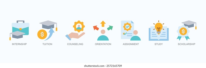 Student Pathway Icon Set Isolated Vector Illustration Concept With Icon Of Internship, Tuition, Counseling, Orientation, Assignment, Study, Scholarship In Flat Style