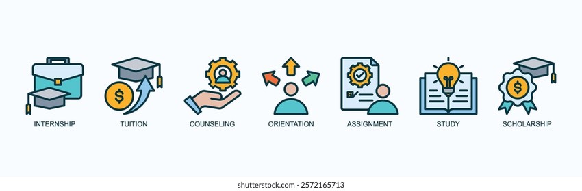 Student Pathway Icon Set Isolated Vector Illustration Concept With Icon Of Internship, Tuition, Counseling, Orientation, Assignment, Study, Scholarship In Outline Color Style