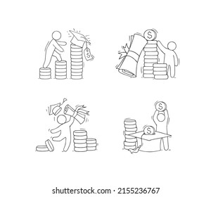 Student Pay Money For Study, Invest In Education In College Or University. Vector Hand Drawn Icons Set Of Man, Dimloma, Gold Coins, Graduation Hat. Concept Of Tuition Loan Or Grant