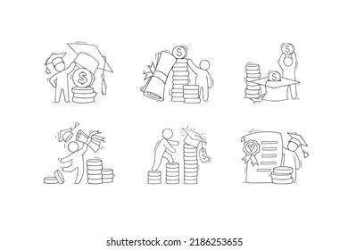 Student pay money for study, invest in education in college or university. Vector hand drawn icons set of man, dimloma, gold coins, graduation hat. Concept of tuition loan or grant