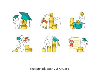 Student Pay Money For Study, Invest In Education In College Or University. Vector Hand Drawn Icons Set Of Man, Dimloma, Gold Coins, Graduation Hat. Concept Of Tuition Loan Or Grant