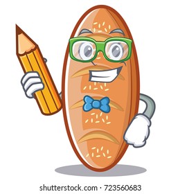 Student with pencil baked bread character cartoon