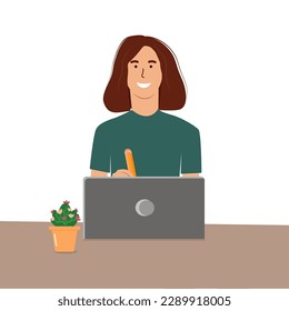 A student with a pencil in his hand has a separate white background. Yellow pencil with eraser close-up. Poster design. Vector flat illustration.