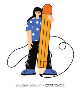 Student with a pencil. The young man is holding a pencil. Line. Draws. Writes flat vector illustration. Modern style. Icon. Hand.