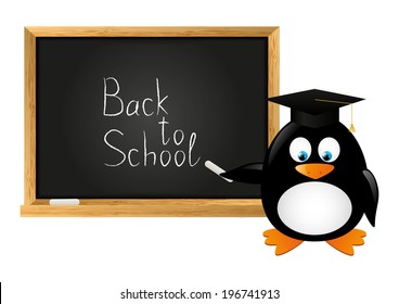 Student penguin with school blackboard