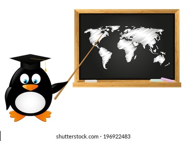 Student penguin with school blackboard