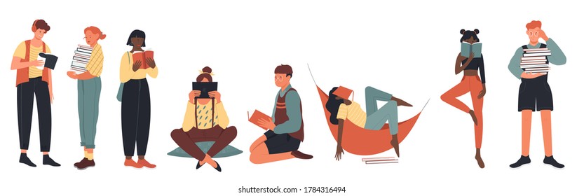 Student people, book lovers vector illustration set. Cartoon flat girl guy reader characters love to read books in different poses, learning from textbooks, lying standing or sitting isolated on white