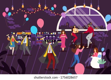 Student people celebrate college graduation, vector illustration. Girl boy character with education diploma at university party. Cartoon character happy group with cap, indoor academic celebration.
