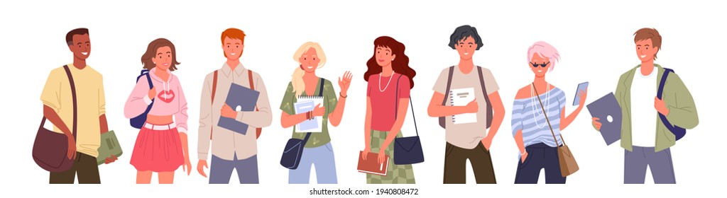 Conjunto de ilustraciones vectoriales de diversidad de estudiantes. Caricatura de un grupo multinacional de hombres y mujeres, diversos personajes de pie en fila y saludando, sosteniendo una laptop, libros y libros de texto aislados en blanco.