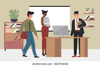 Student people and man teacher in modern classroom interior vector illustration. Cartoon girl character holding stack of books, standing with boy near class teacher table and whiteboard background