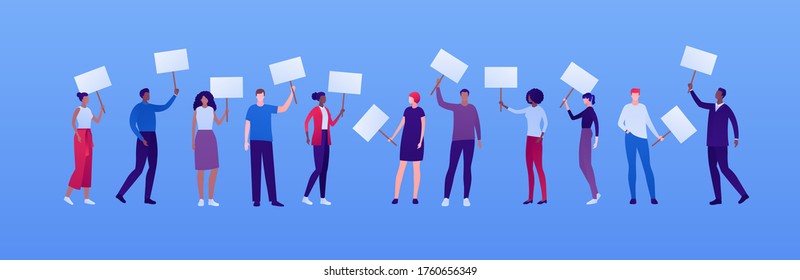 Student people protest concept. Vector flat person illustration set. Male and female adult holding blank placard. African american and caucasian ethnic. Design element for banner, infographic, web. 