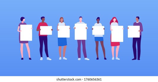 Student people protest concept. Vector flat person illustration set. Male and female adult holding blank placard. Mixed ethnic of man and woman. Design element for banner, infographic, web. 