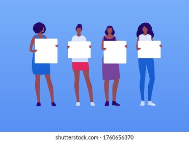 Student people protest concept. Vector flat person illustration set. Young adult female hold blank placard. African american ethnic women. Design element for banner, infographic, poster, web. 