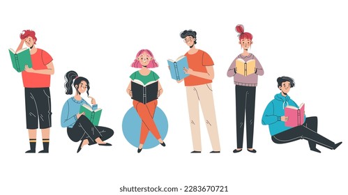 La gente estudiantil lee el aprendizaje del estudio de libros. Concepto de literatura educativa. Ilustración del diseño gráfico del vector